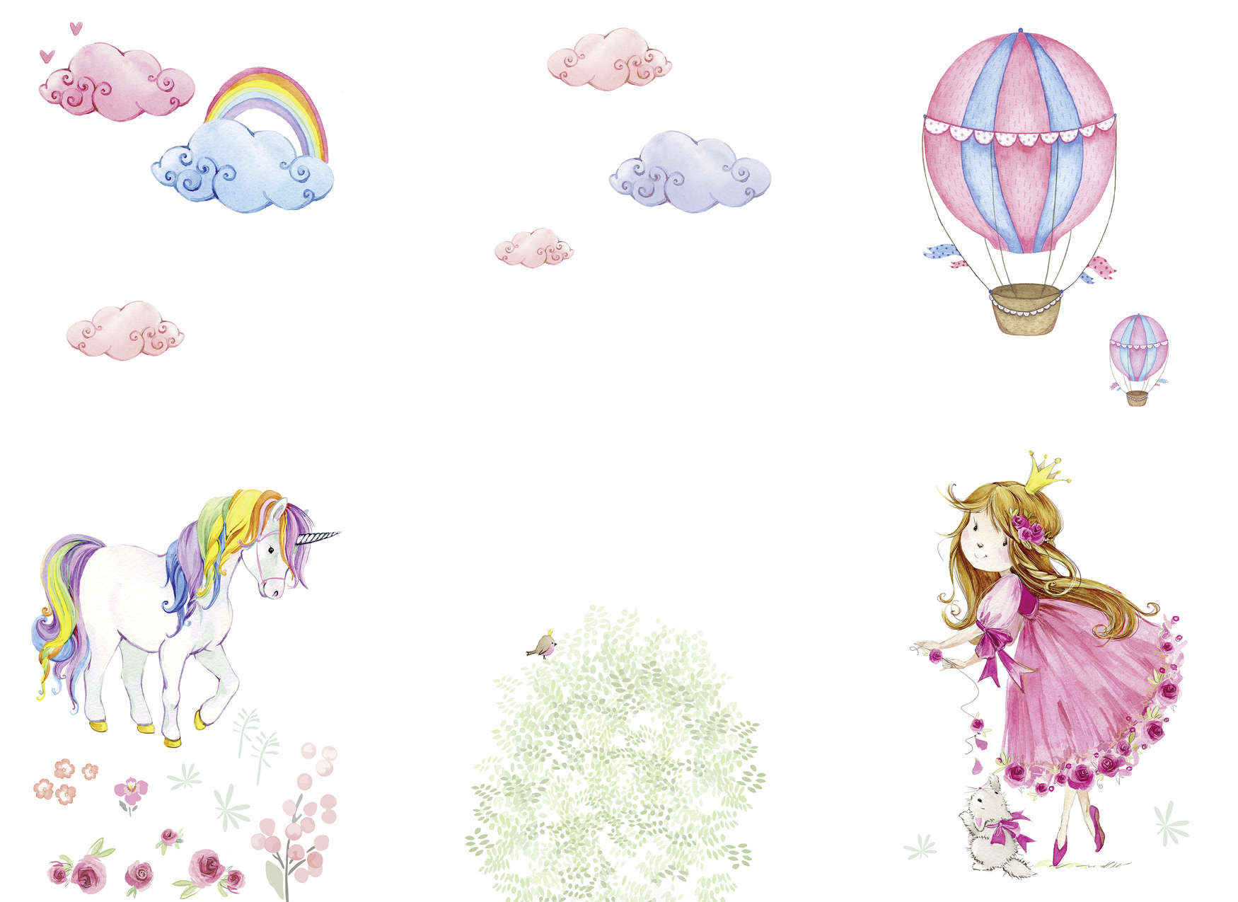             Nursery mural with princess and unicorn - Pink, Colourful, White
        