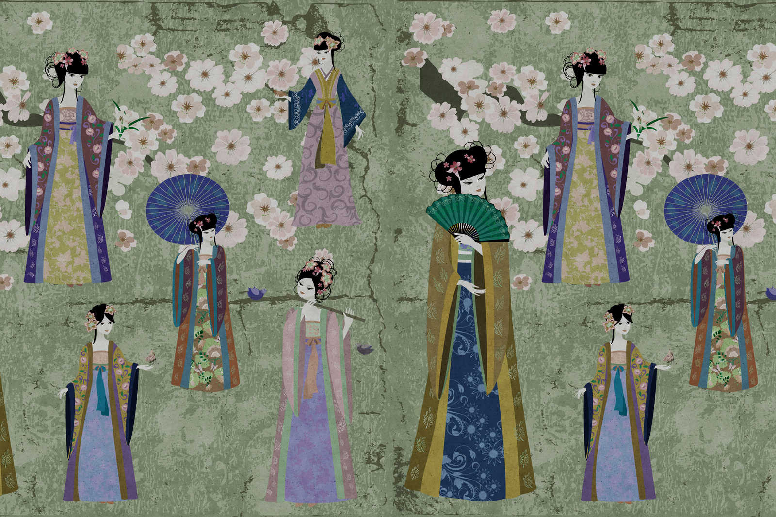             Canvas schilderij Japan Comic met kersenbloesems | groen, blauw - 0,90 m x 0,60 m
        