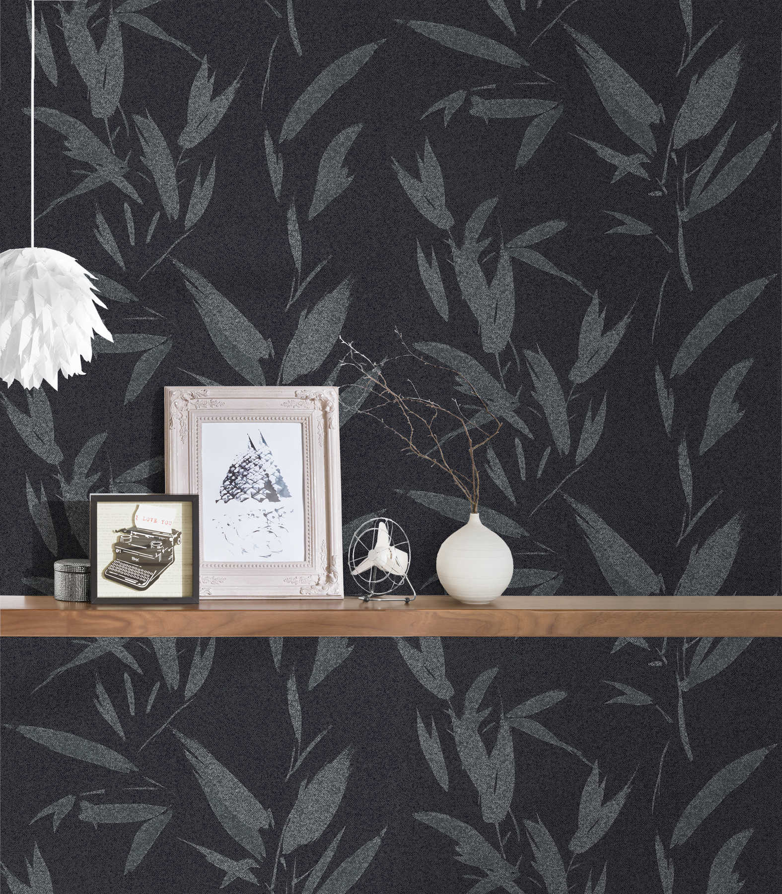             Bladeren behang abstract met textieloptiek - zwart, grijs
        