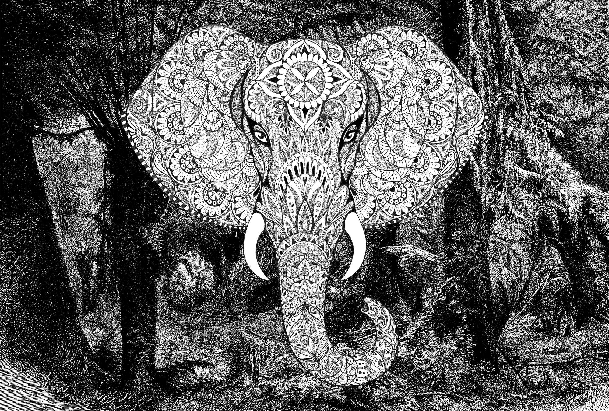             Papier peint panoramique éléphant style boho avec motif jungle - gris, blanc, noir
        