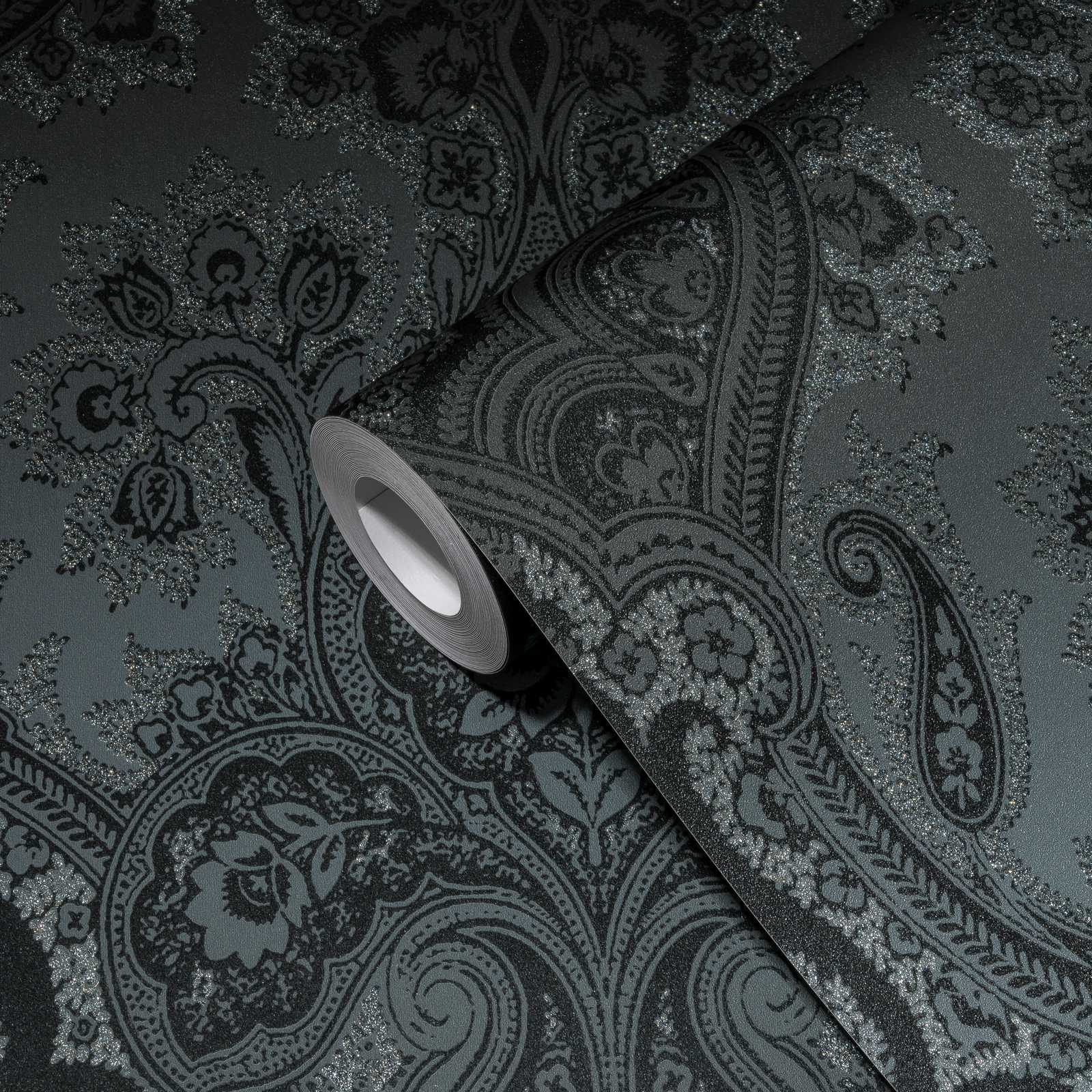             Papier peint noir avec motif ornemental & effet argenté - métallique, Noir
        