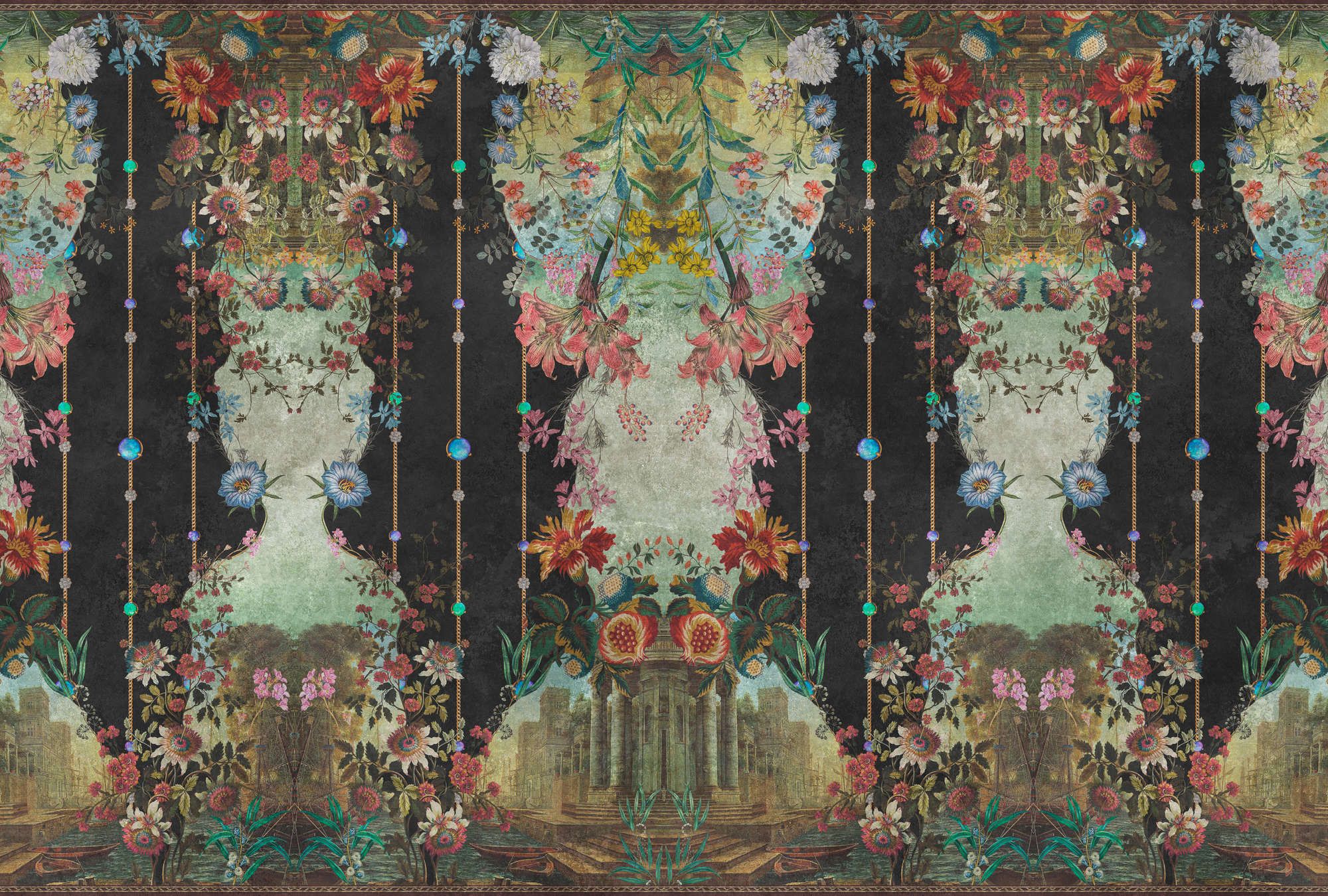             papier peint en papier panoramique »ophelia« - lambris ornemental avec design de fleurs sur structure d'enduit vintage - intissé premium lisse et légèrement brillant
        