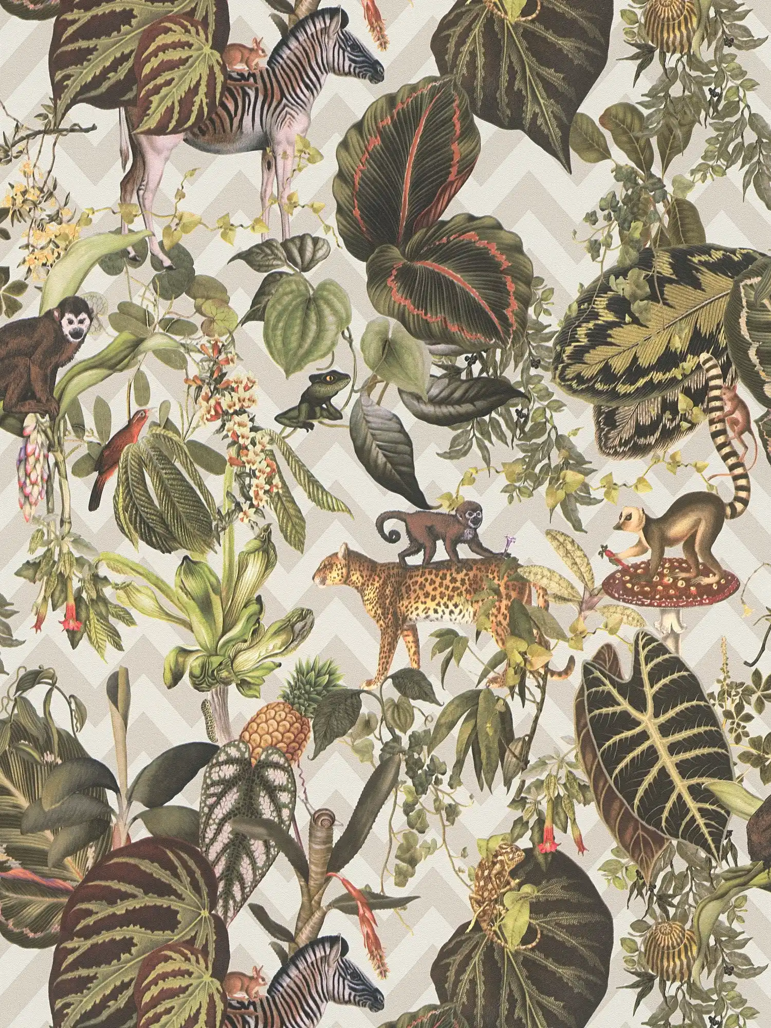 Papel pintado de diseño MICHALSKY hojas y animales de la selva - beige, multicolor

