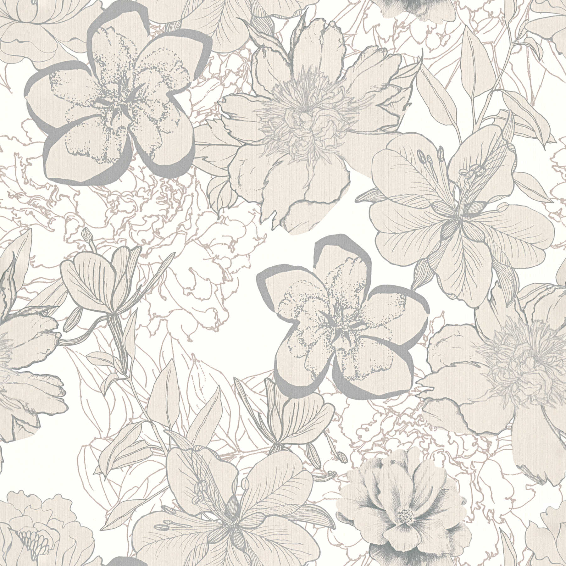 Floral wallpaper with flowers sketches & metallic colour - cream
