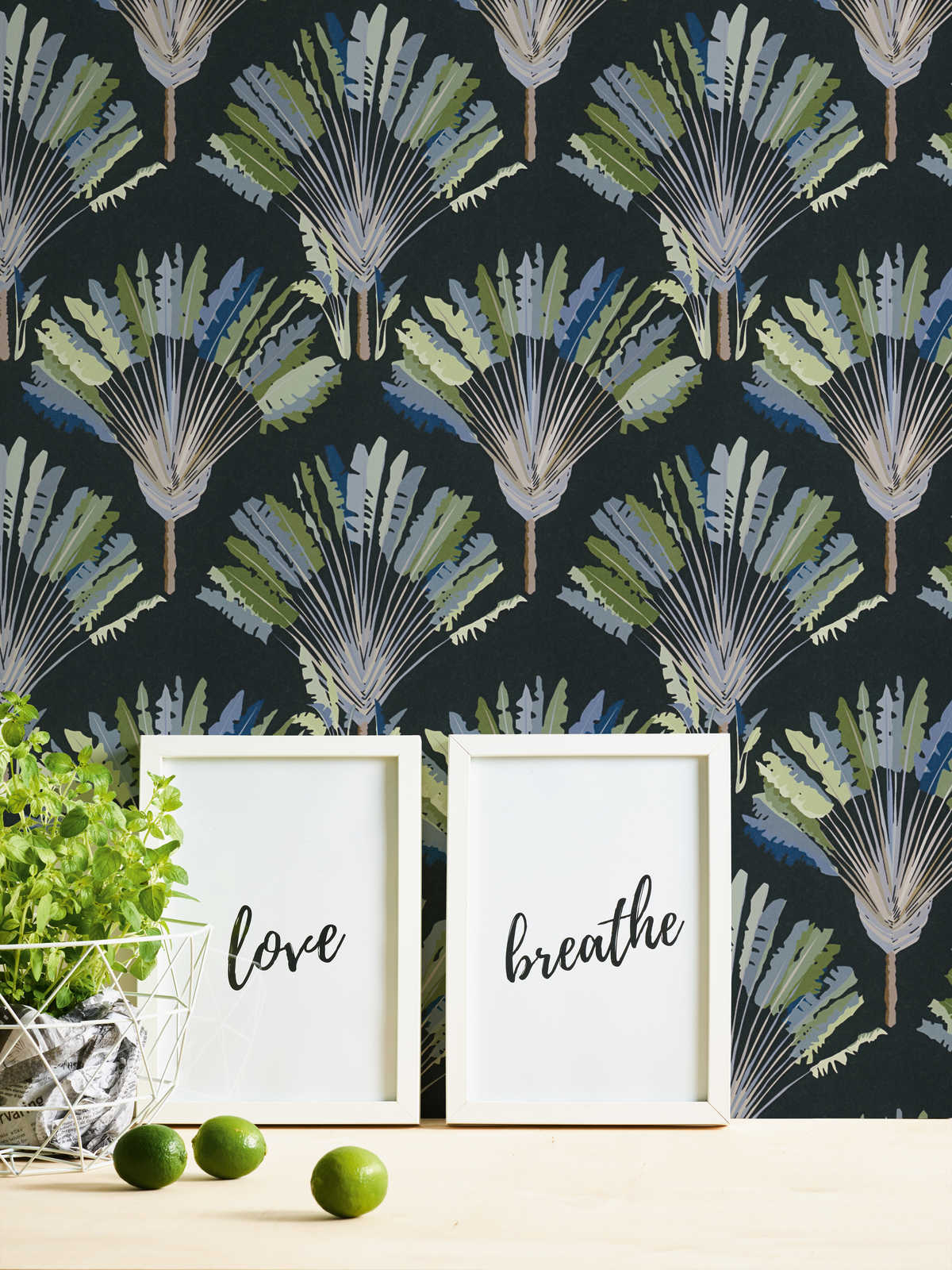             Dark wallpaper palm tree design with pattern print - green, black, blue
        