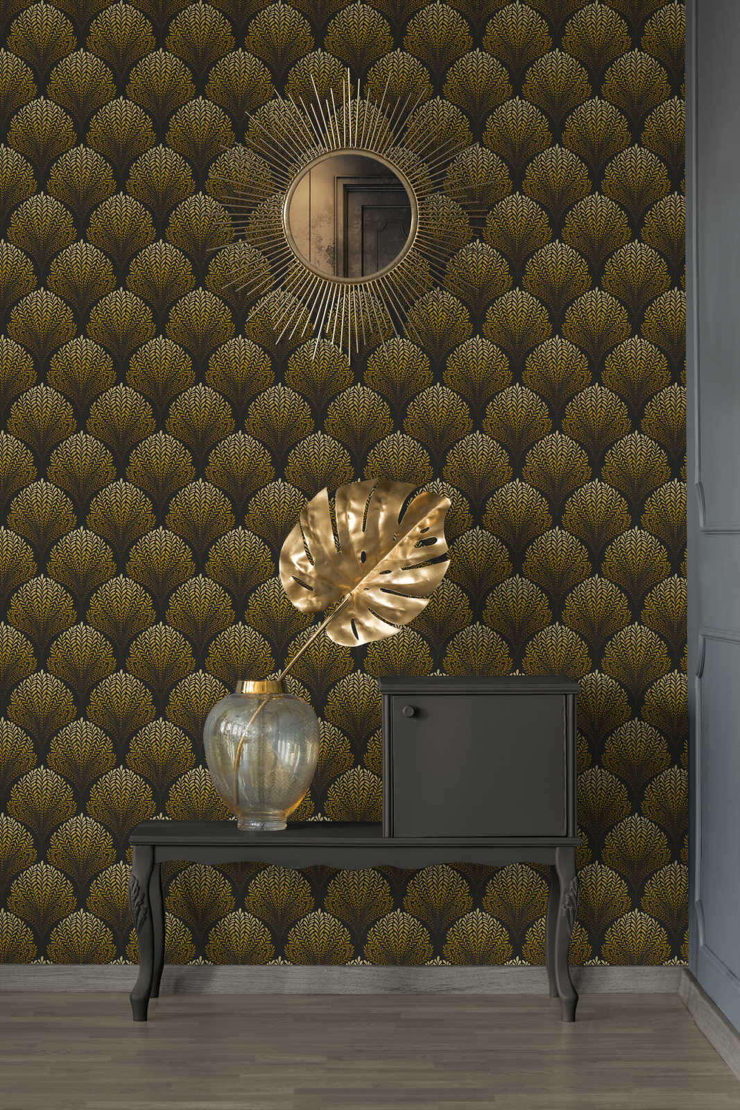             Retro behang met gouden ornamenten - bruin, geel, zwart
        