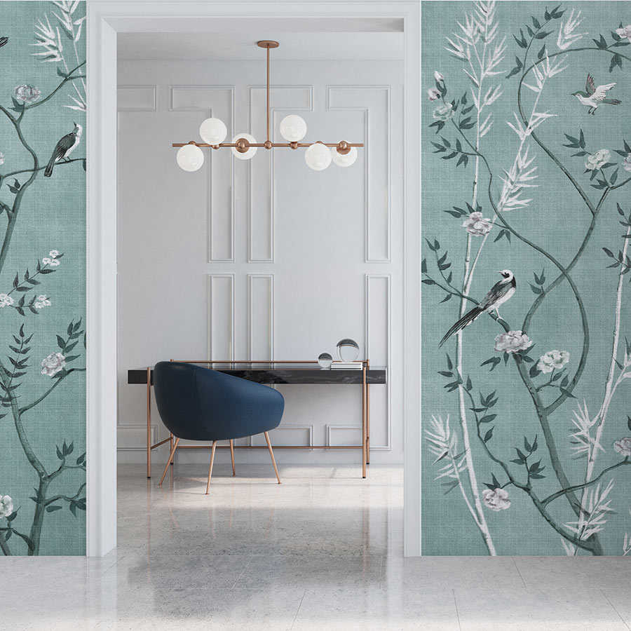 Tea Room 1 - Papier peint panoramique Oiseaux & fleurs Design en pétrole & blanc
