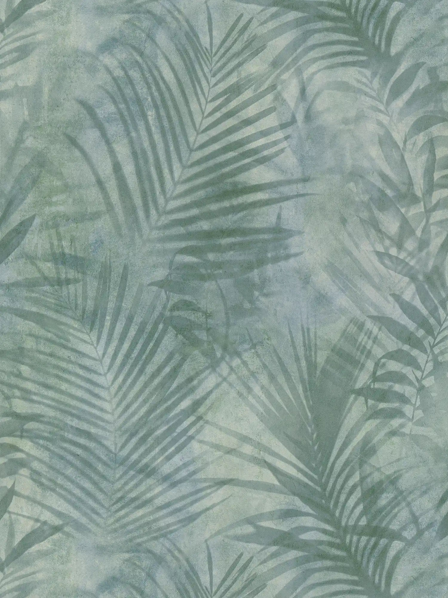 Papier peint motif palmier en lin - vert, bleu, gris

