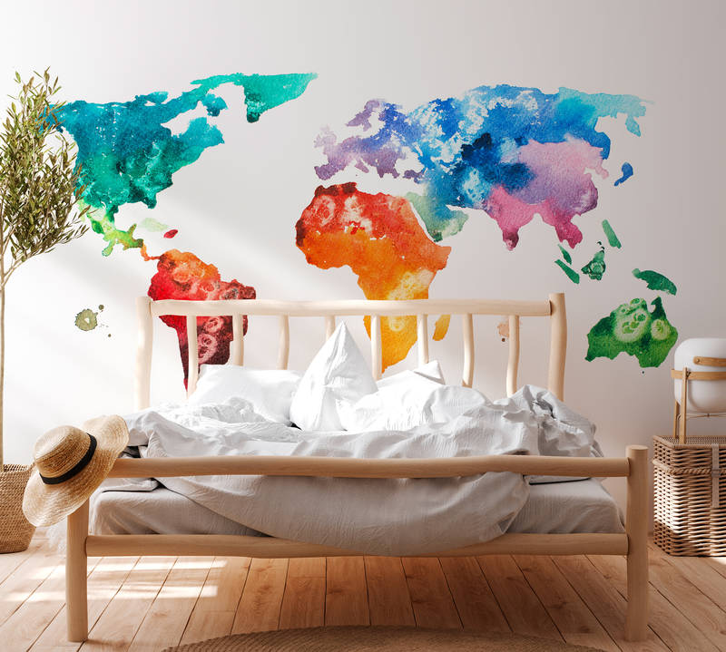             World map mural in watercolour look - colourful, white
        