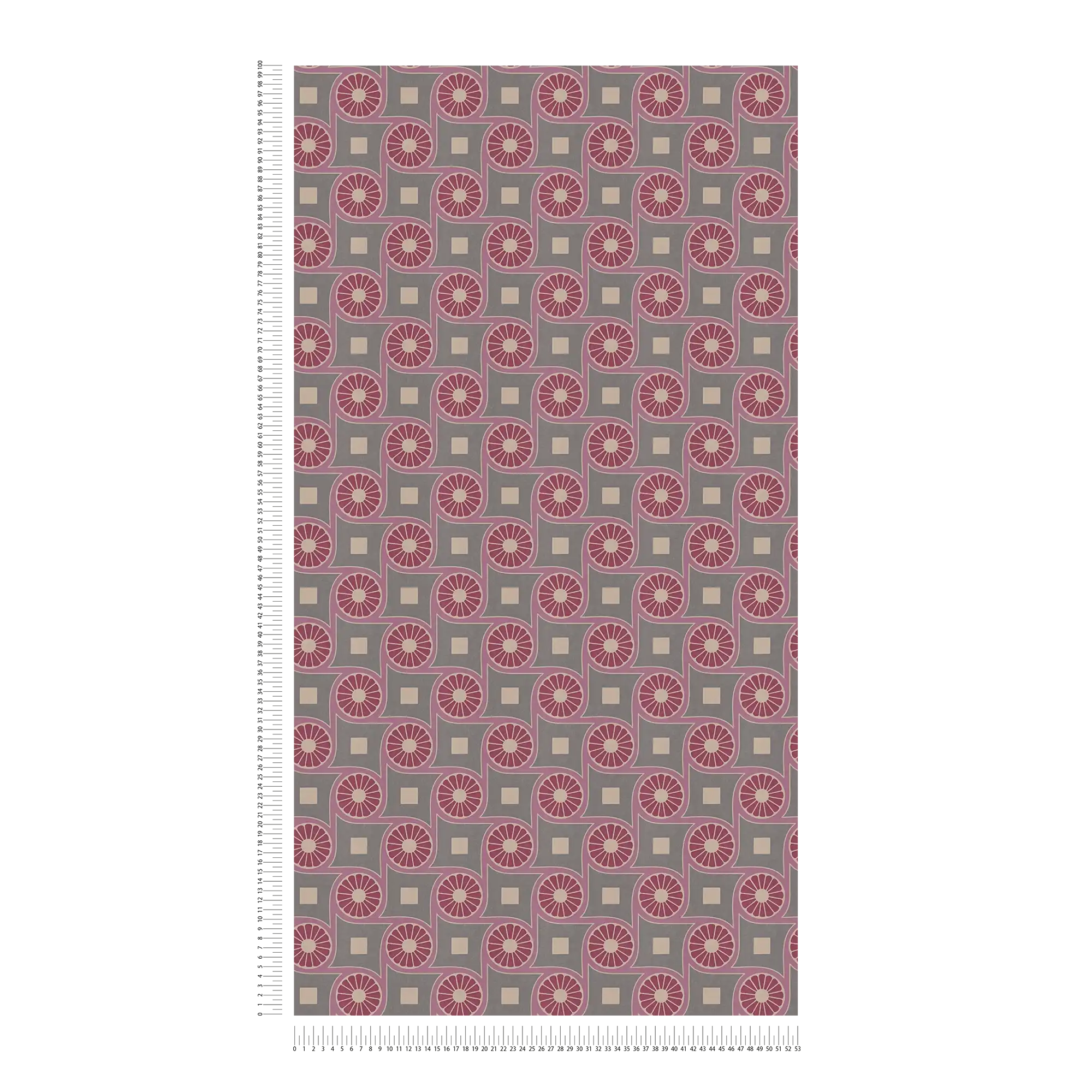             Retro non-woven wallpaper with circle pattern and squares - purple, red, beige
        