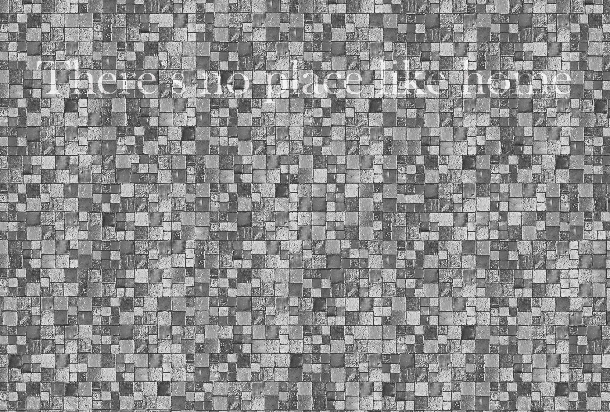             Papier peint panoramique Mosaïque, aspect pierre grise & slogan - blanc, gris, noir
        