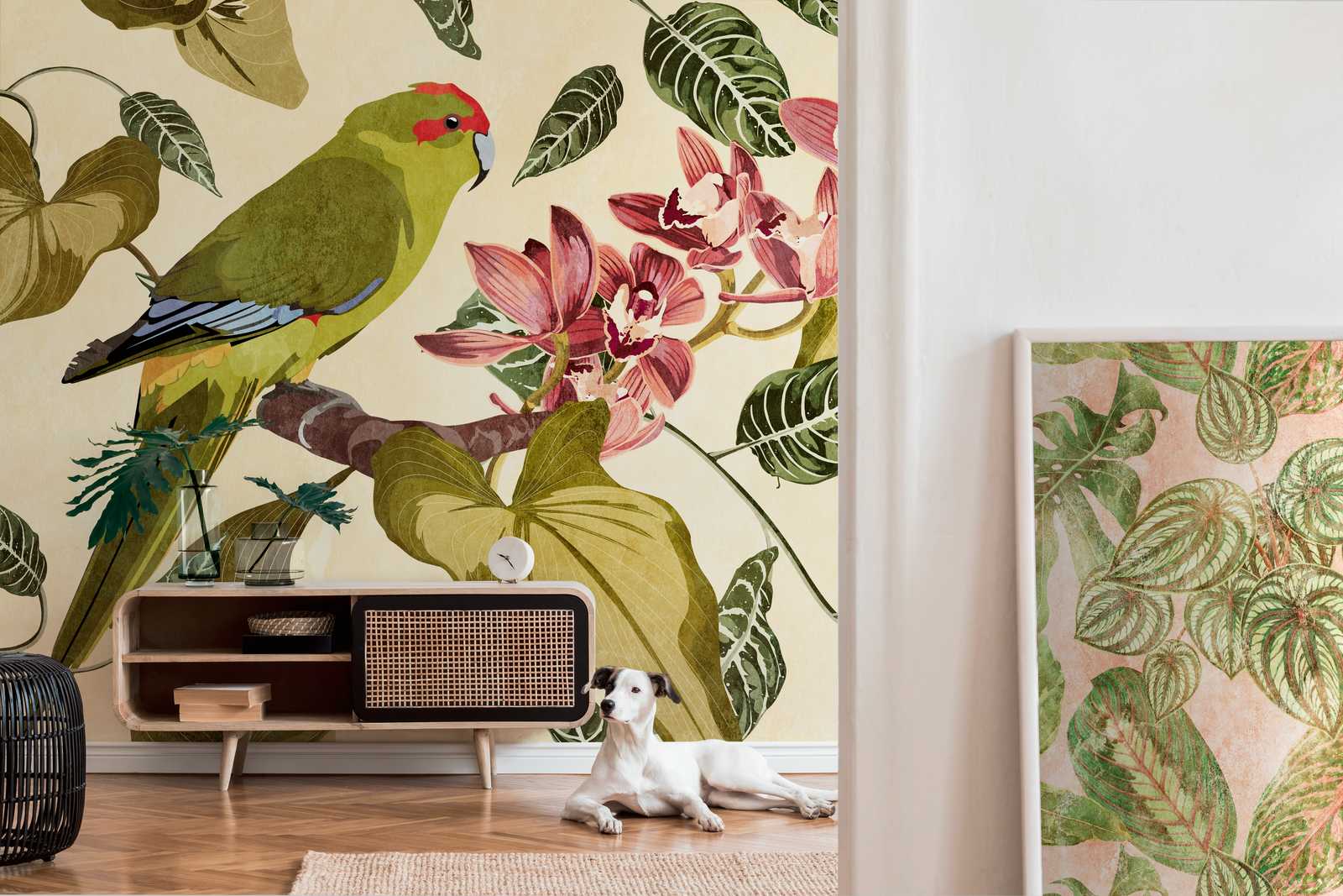            behang nieuwigheid - motief behang papegaai & orchideeën kunstdruk
        