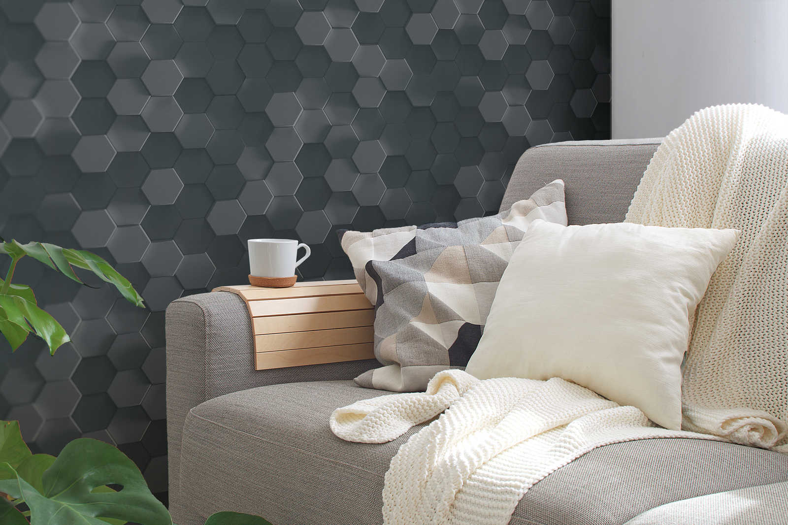             Hexagon 3D behang grafisch patroon honingraat - grijs, zwart
        