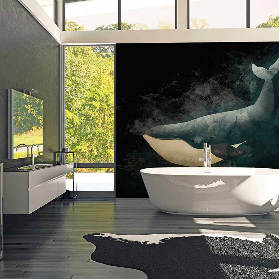         Black mural with whale in sign design
    