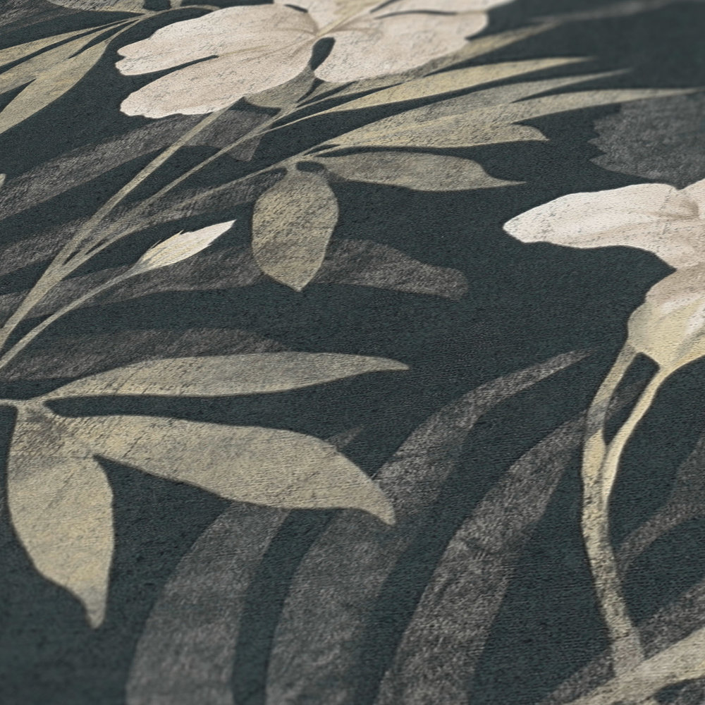             Jungle wallpaper retro pattern with tropical design - brown, grey, black
        