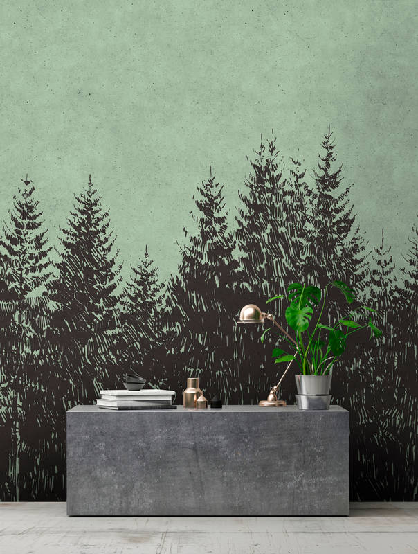             Forest drawing style fir tops mural
        