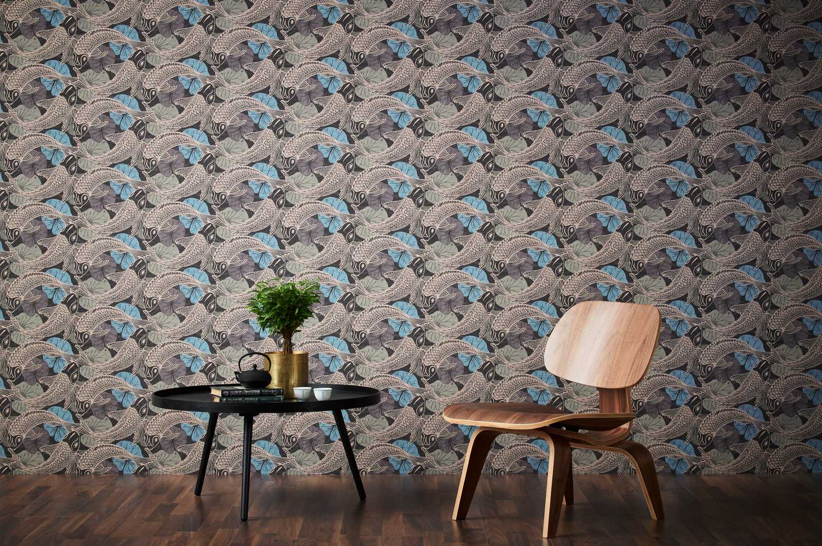             Non-woven wallpaper Asian Koi design with metallic effect - blue, metallic, black
        