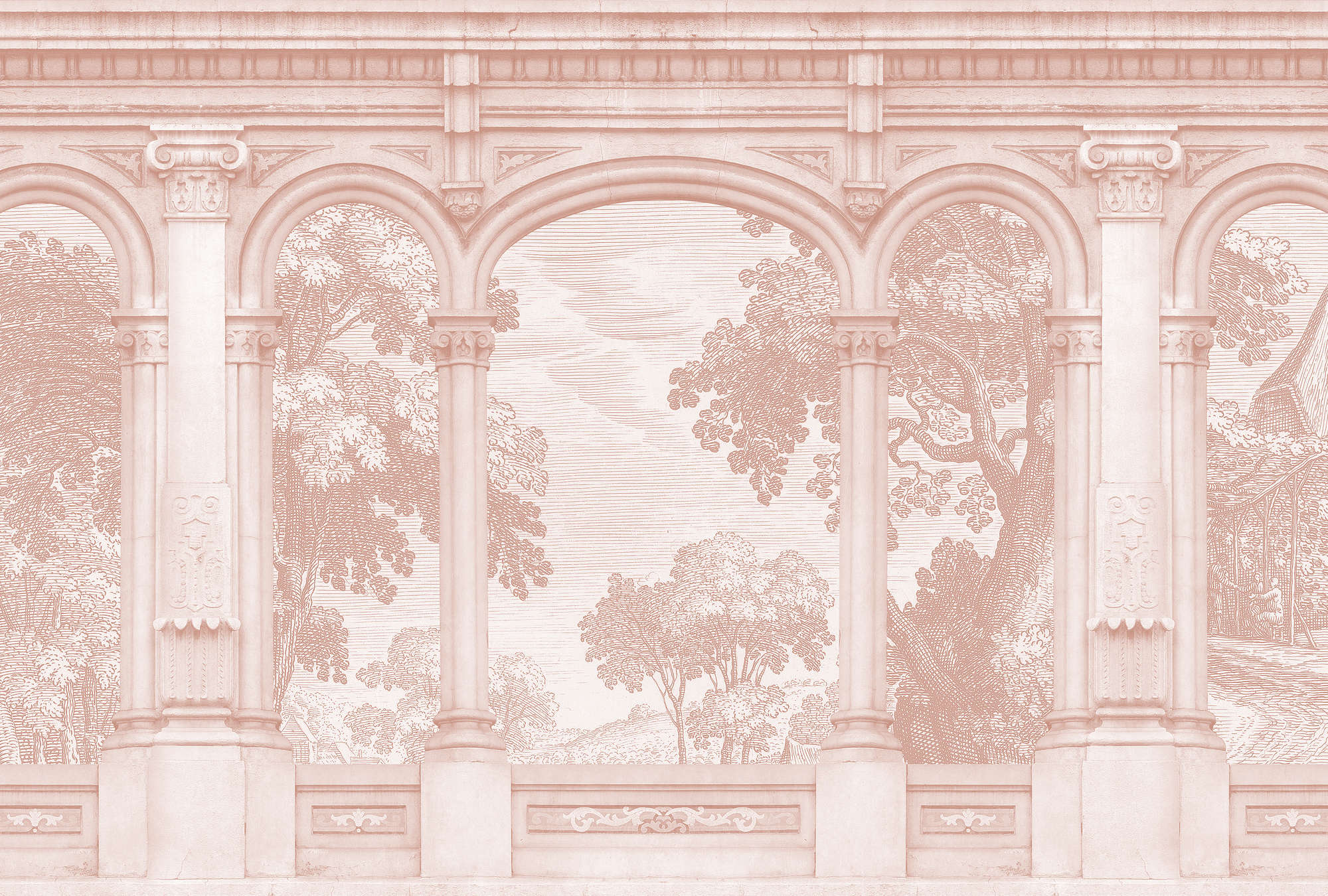             Roma 3 - Carta da parati rosa Design storico con finestra ad arco a tutto sesto
        