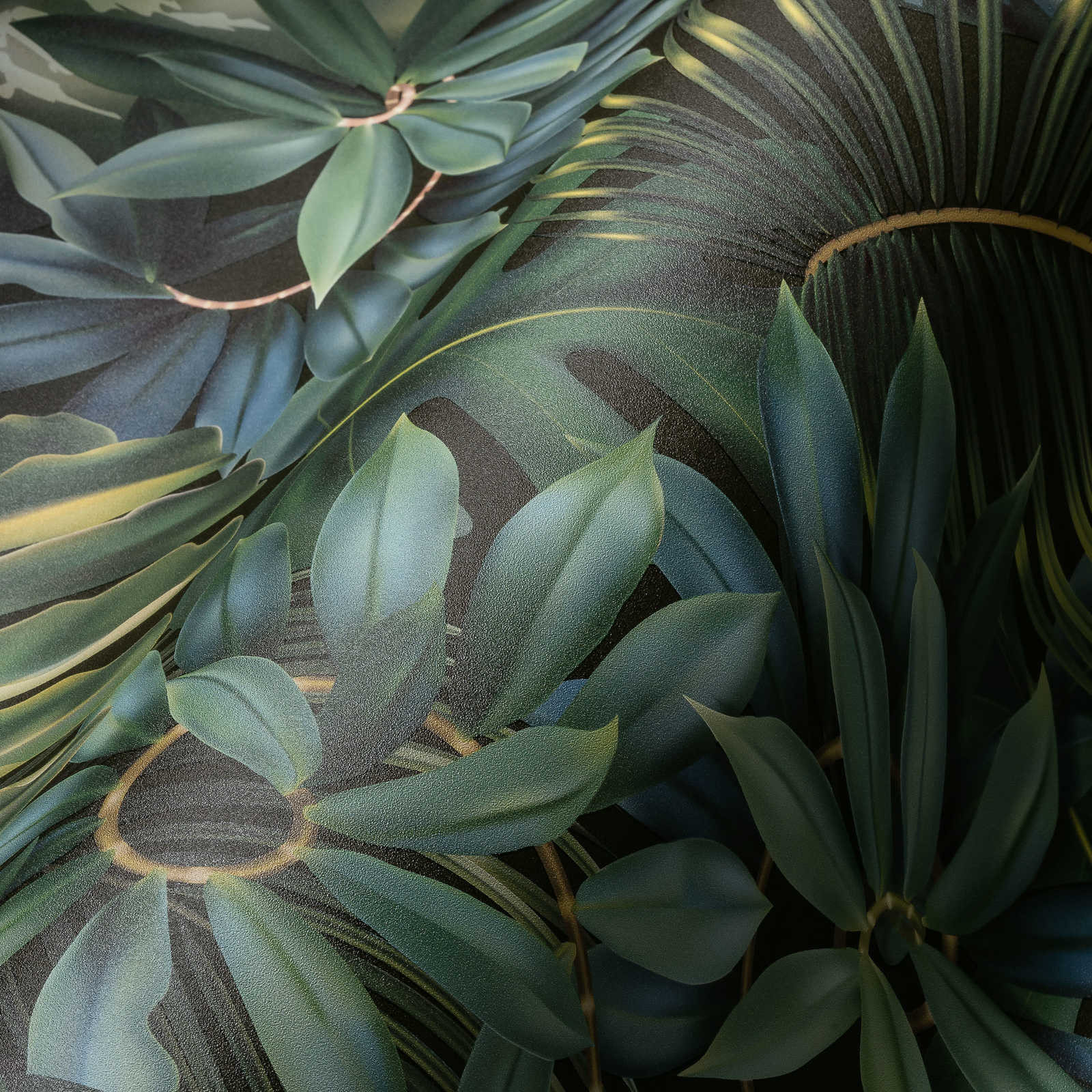             Bladeren behang jungle patroon - groen, zwart
        