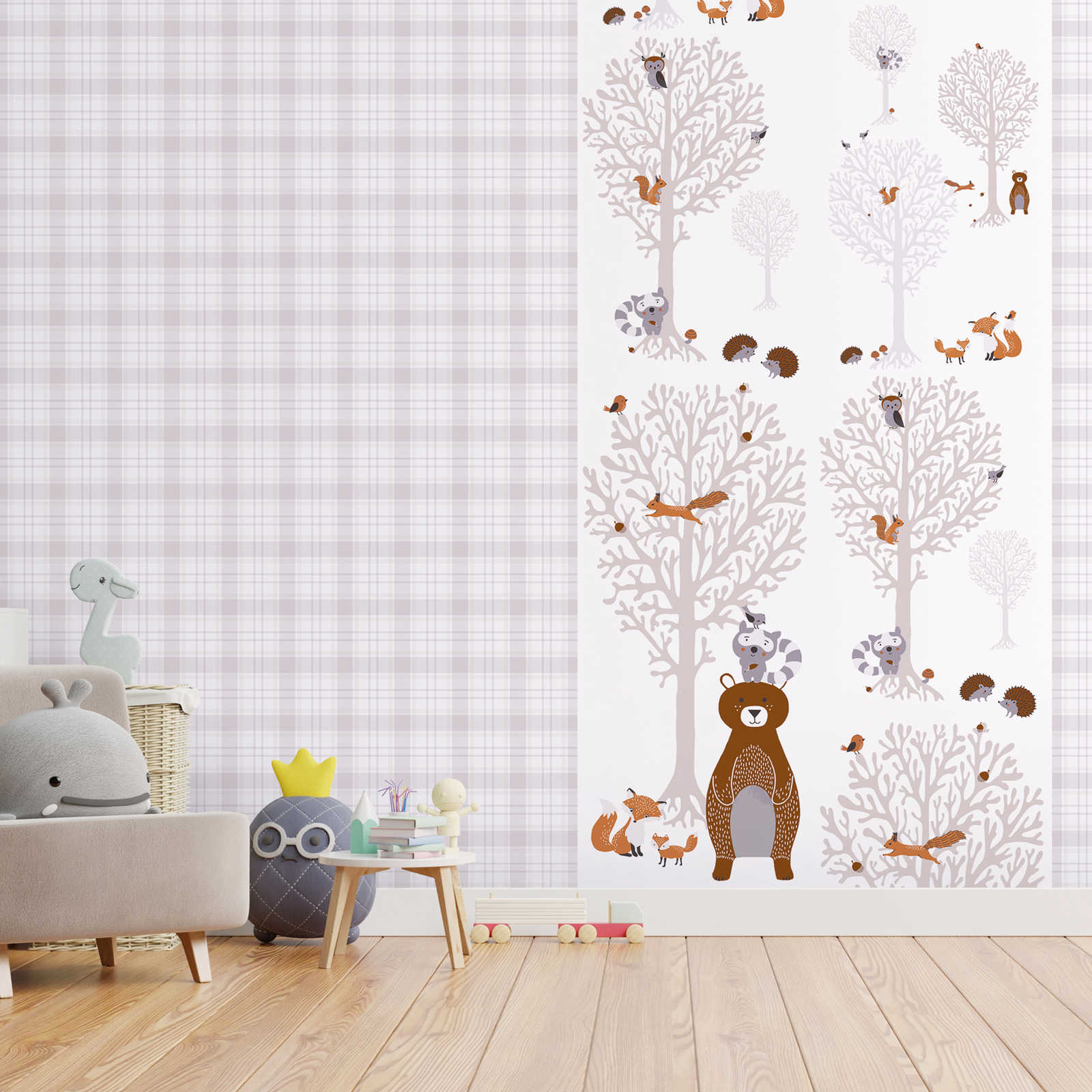         Girls room wallpaper forest animals - brown, grey, white
    