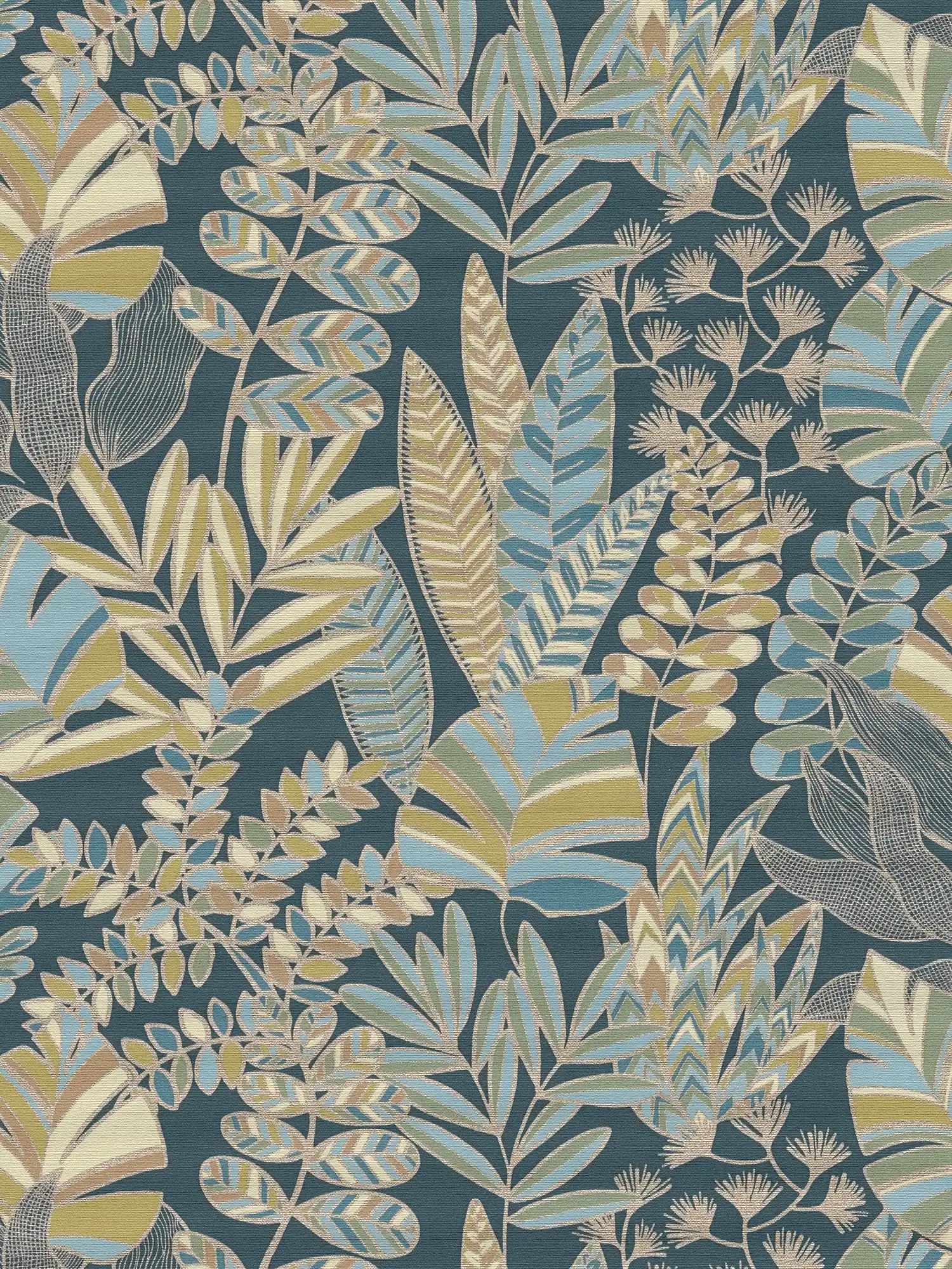 Papier peint intissé style jungle avec effet brillant - bleu, or, vert
