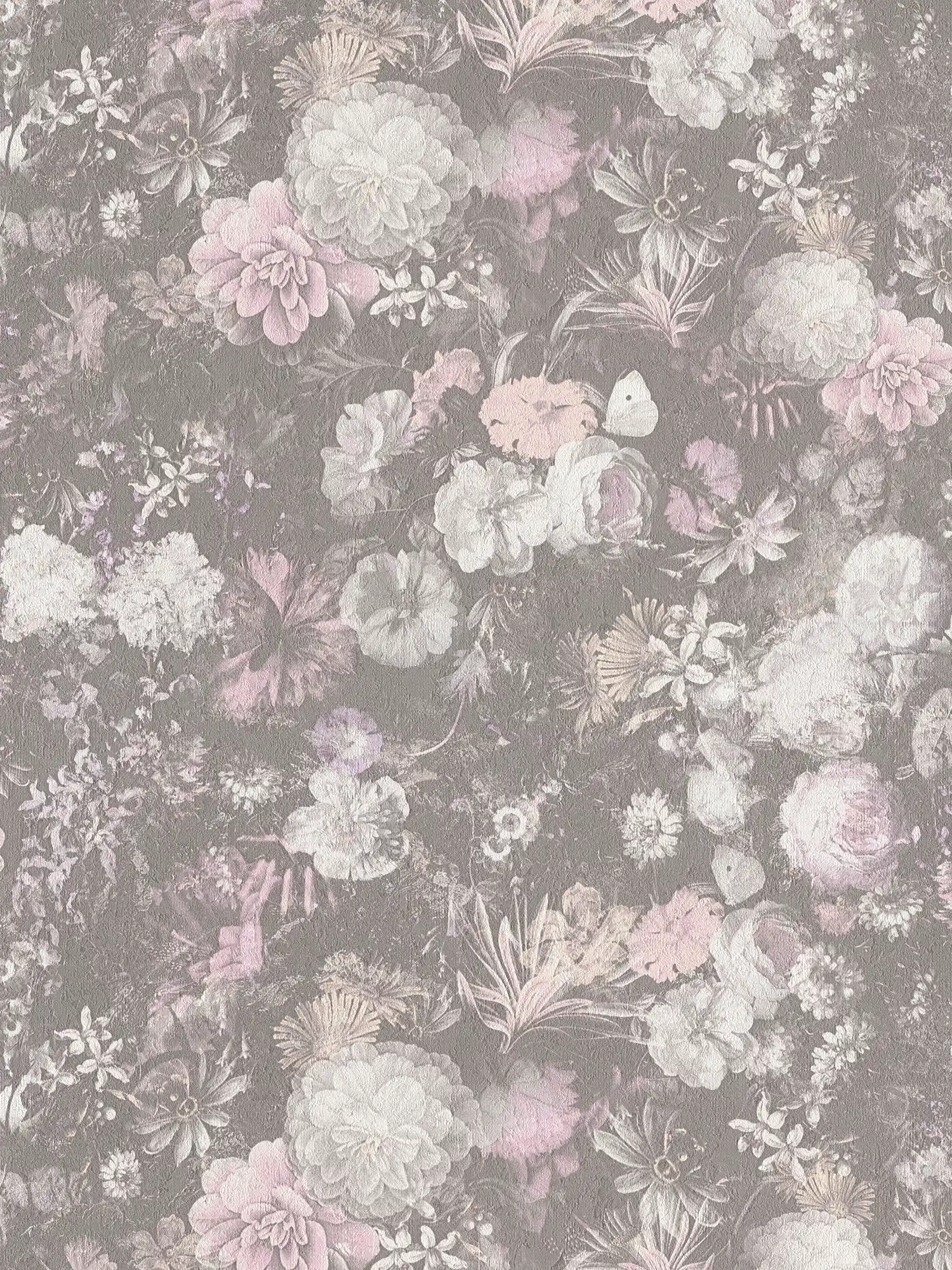 Papier peint fleuri rose et gris au design vintage
