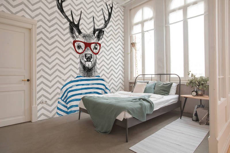             Papel pintado para la habitación de los niños, diseño de cómic, ciervo con gafas - azul, gris, rojo
        