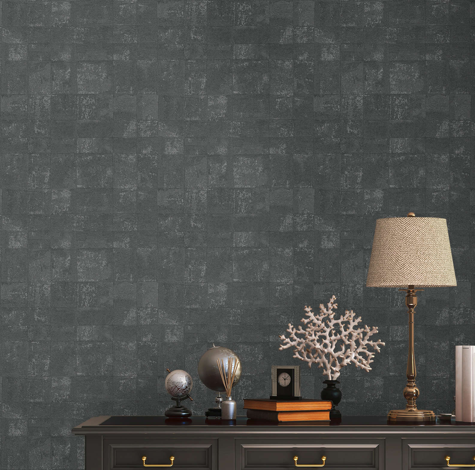             Non-woven wallpaper with tile look in industrial style - black
        