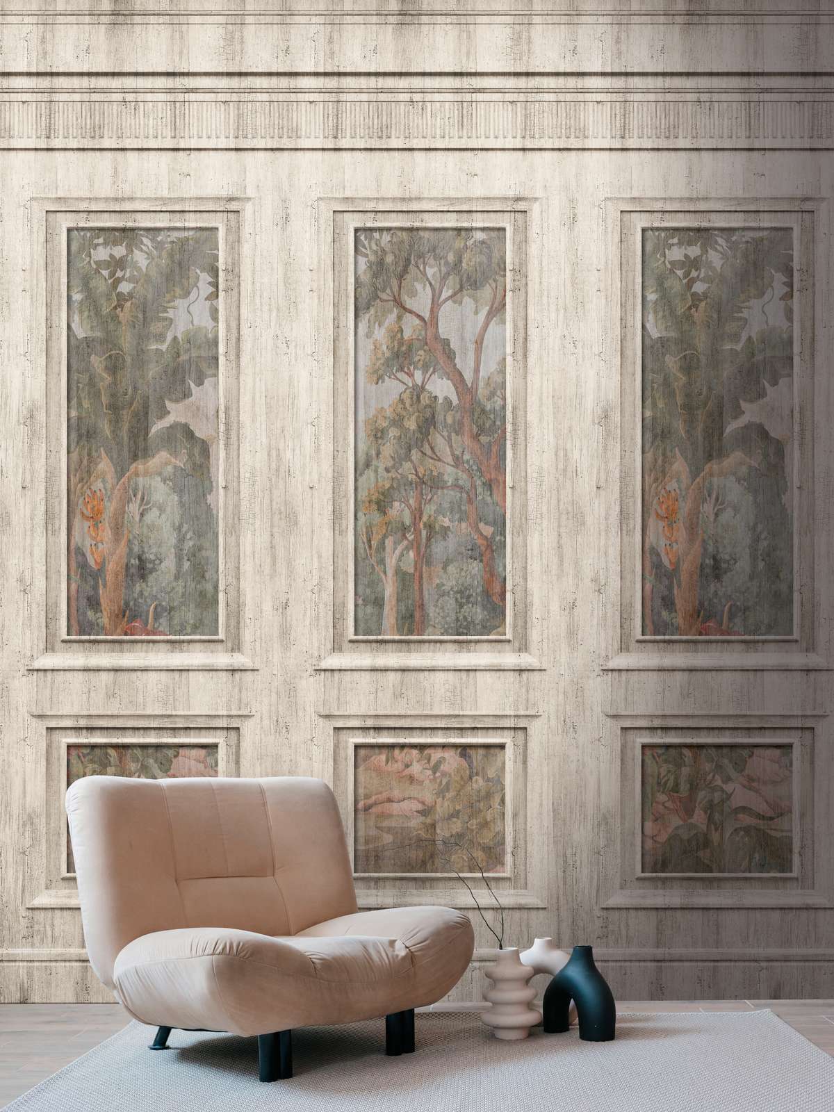             Non-woven motif wallpaper with checkerboard and forest motif in a vintage look - grey, beige
        