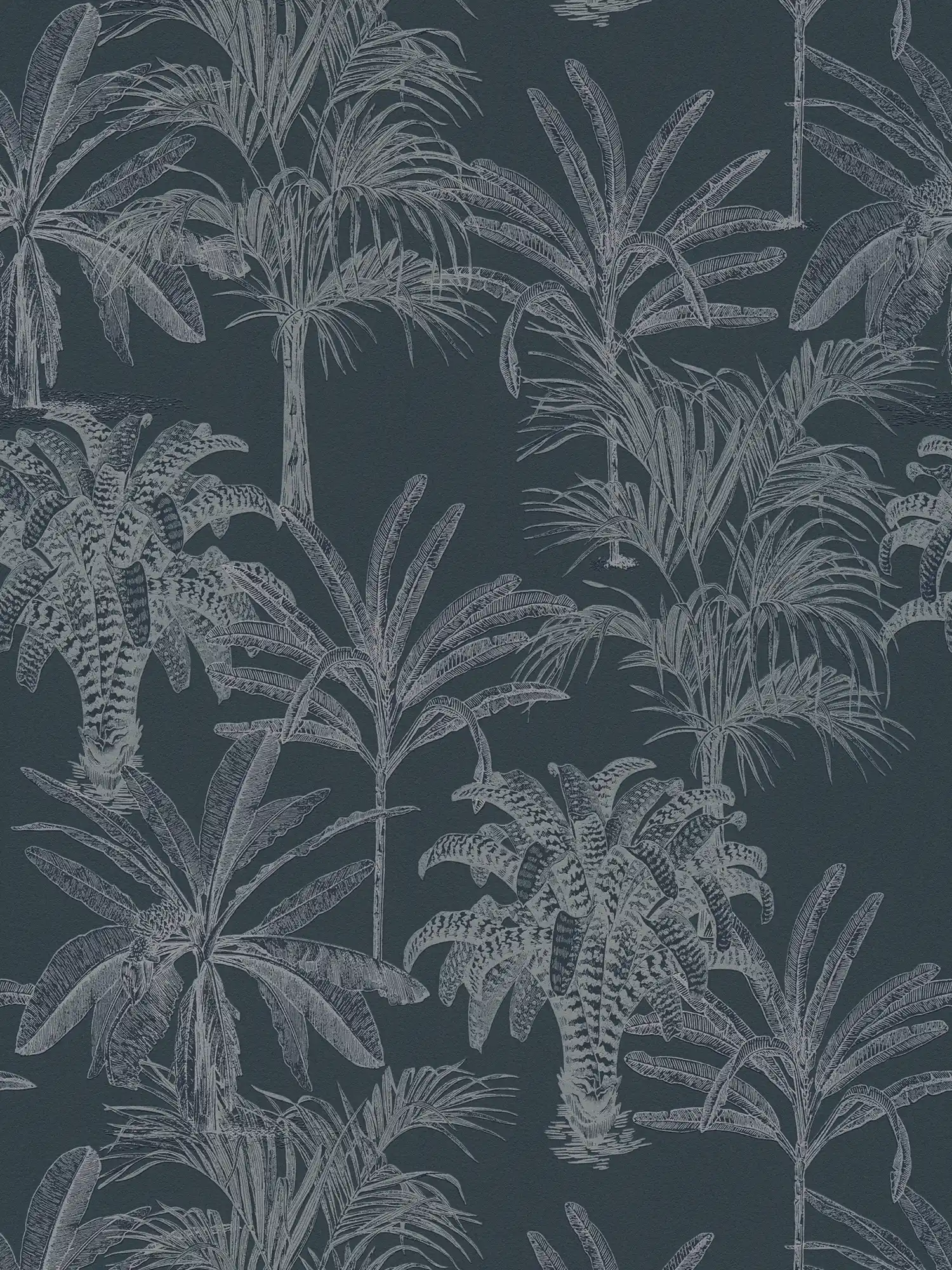 Papier peint intissé bleu foncé motif palmier dans le style colonial - bleu
