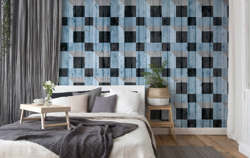             Betonlook behang met vierkant patroon - blauw, zwart, grijs
        