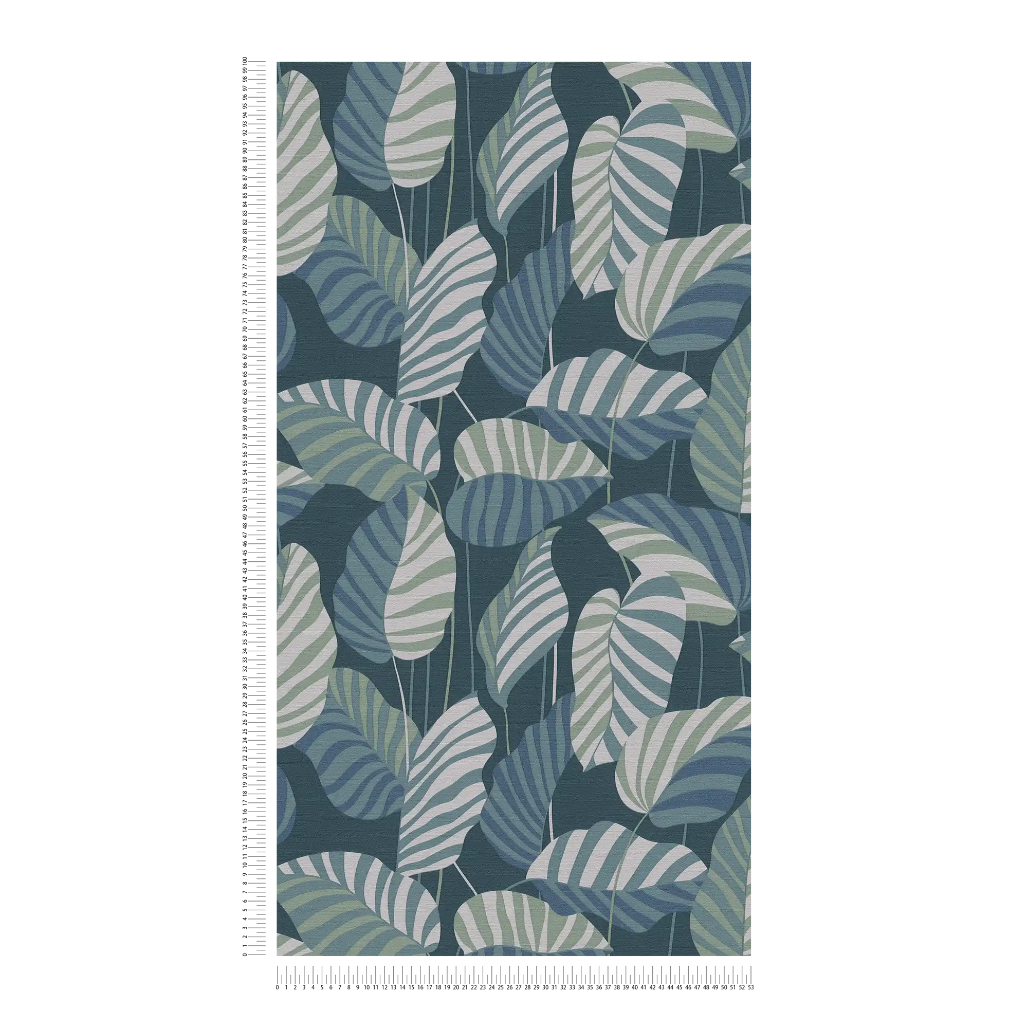             Carta da parati in tessuto non tessuto in stile giungla con foglie - blu, verde, bianco
        