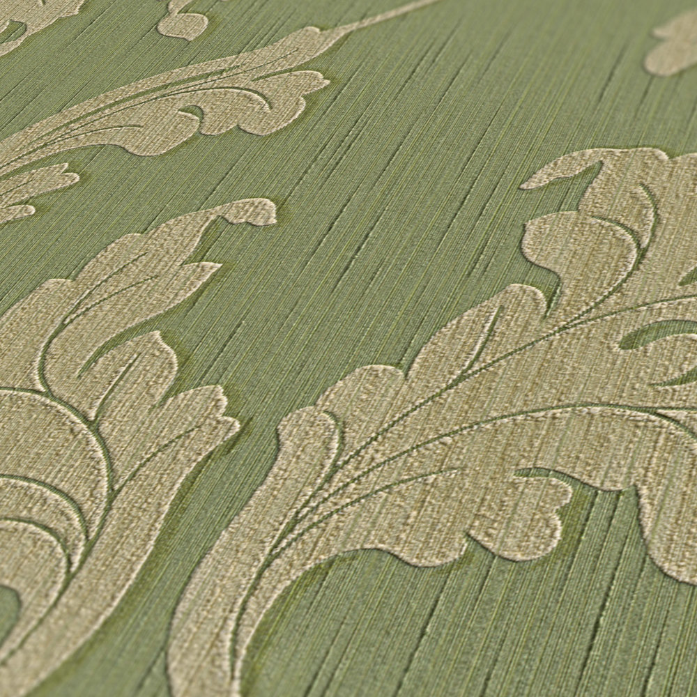             Papel pintado con motivos ornamentales de vides y estructuras - verde
        