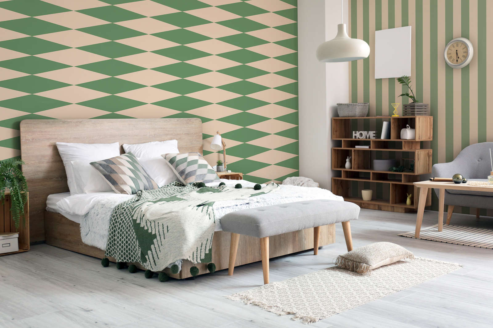             70s Look Diamond Pattern Wallpaper - Green, Beige | Premium Smooth Vliesbehang
        