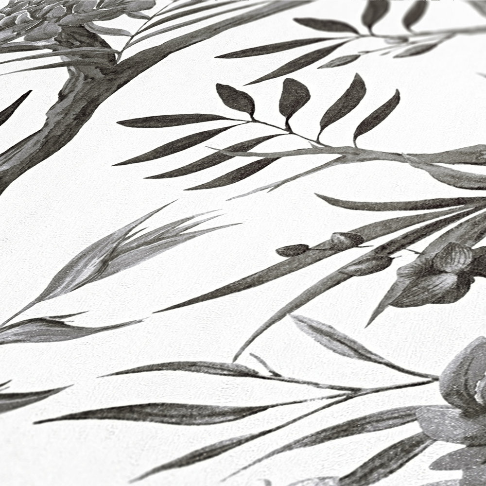            Papel pintado no tejido de flores de la selva en colores sutiles - negro, blanco, gris
        