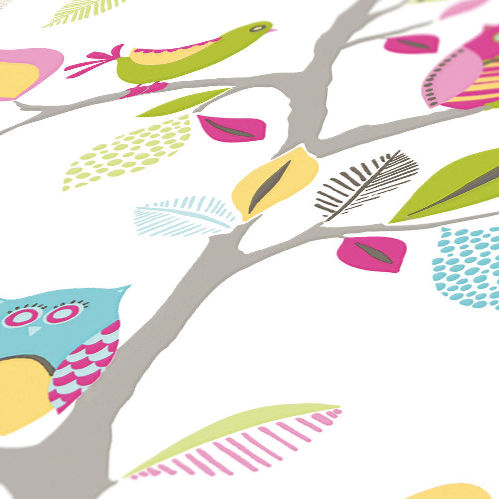             Papel pintado Búhos con hojas y pájaros para habitación infantil - colorido
        