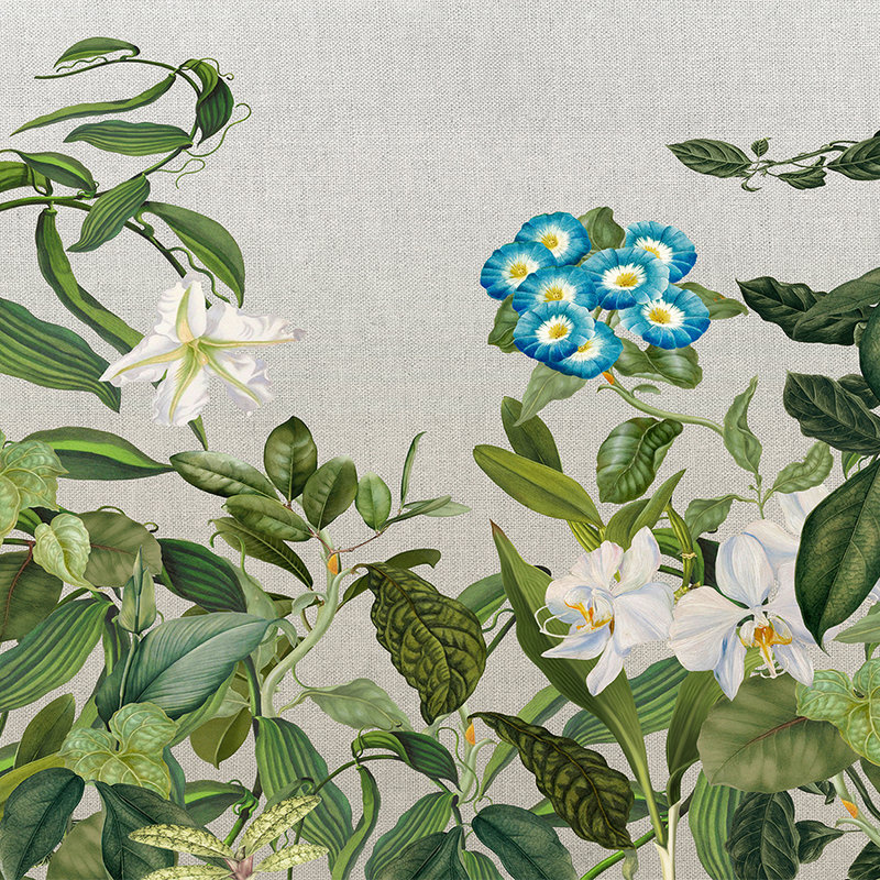 Muurschildering met bloemen, bladeren & textiel look - groen, grijs, blauw
