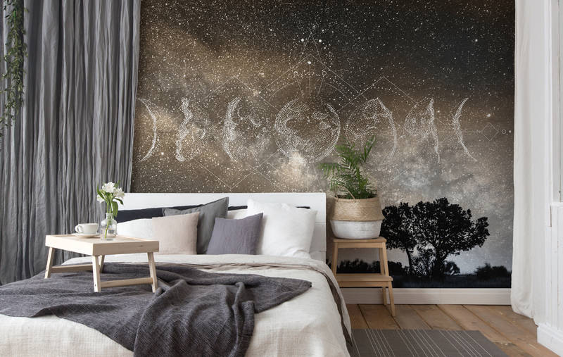             Papel Pintado Fantasía Diagrama de Estrellas y Luna - Amarillo, Negro, Blanco
        