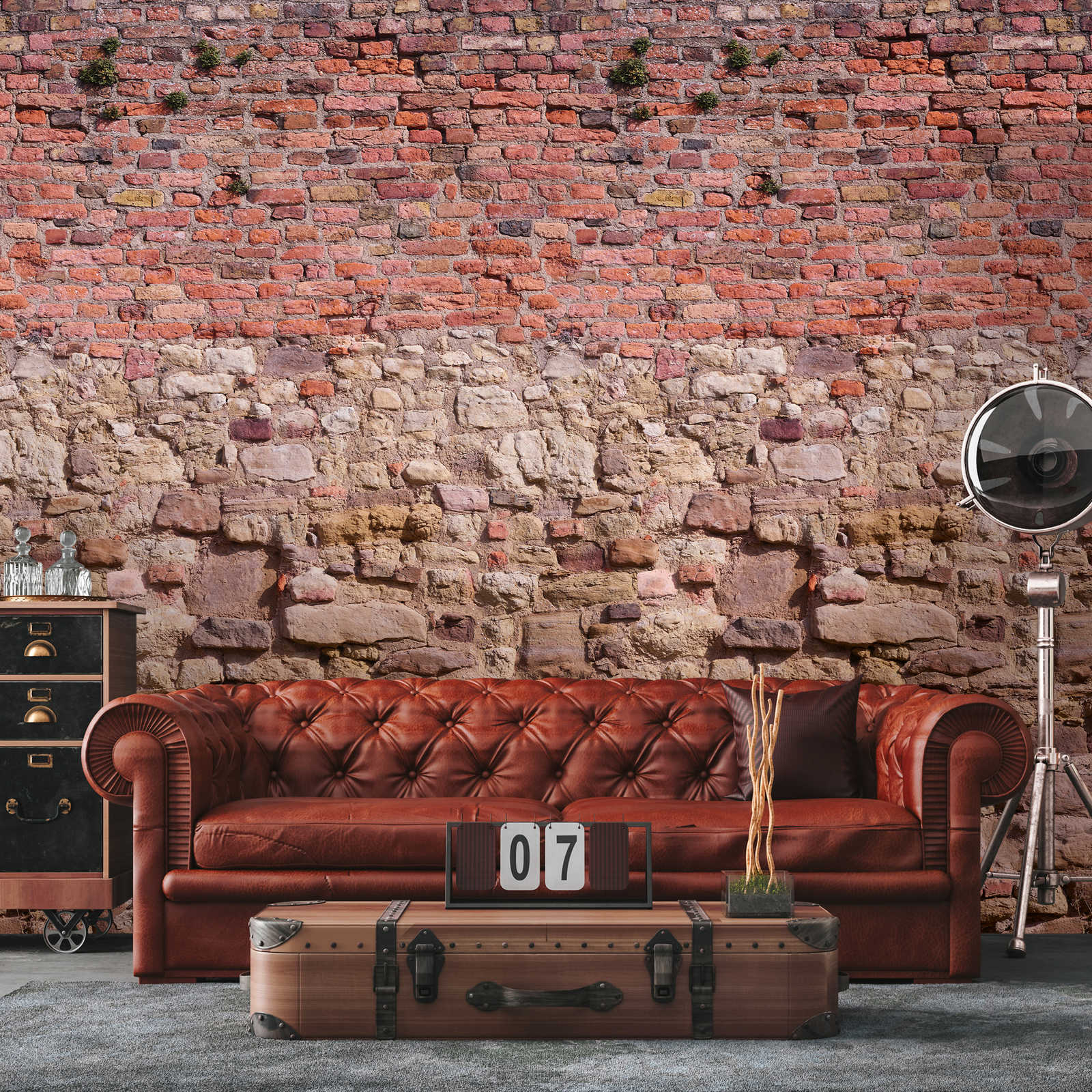 Stone-look wallpaper in powerful warm colours - red, brown, beige
