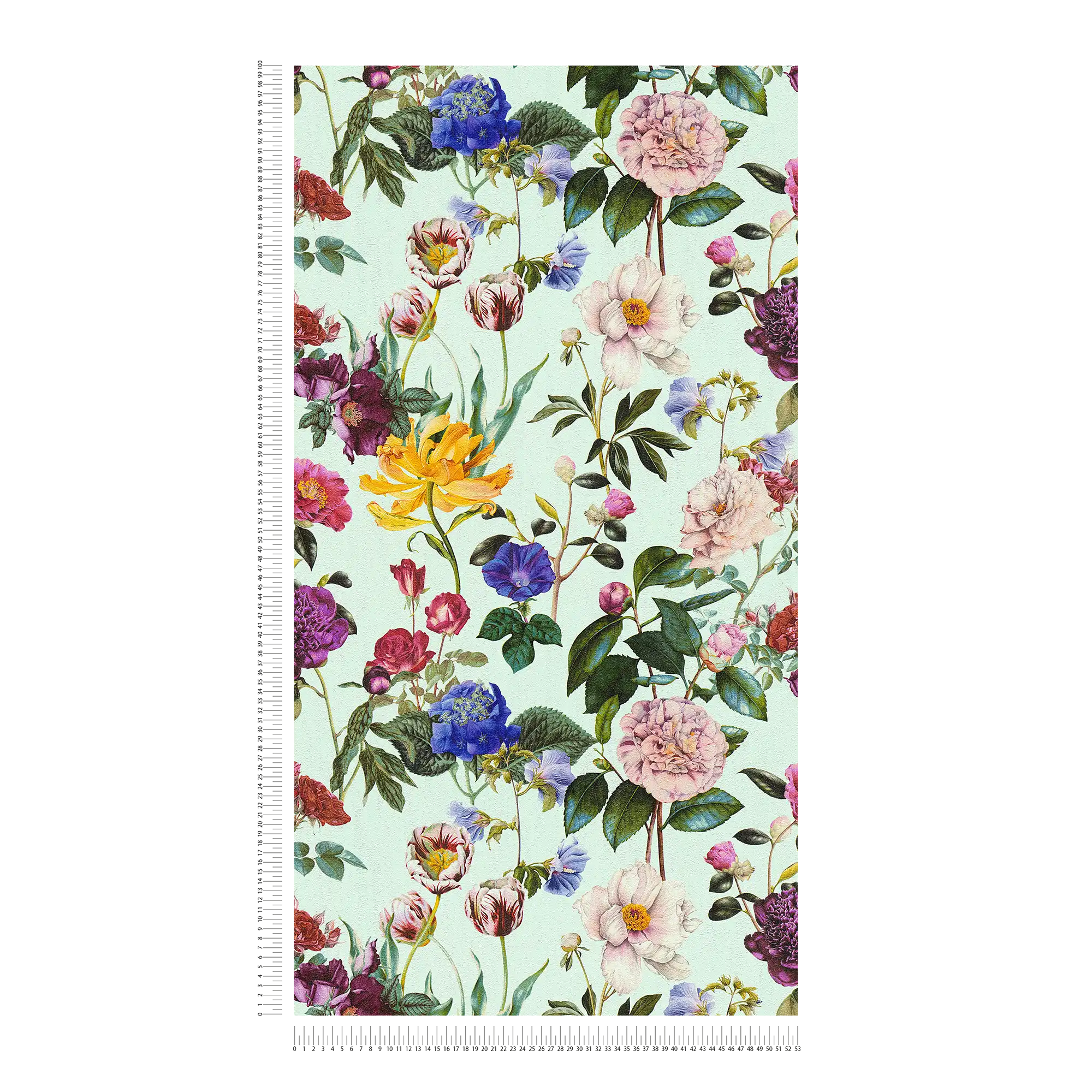             Blossoms wallpaper with flowers in bright colours - blue, green, red
        