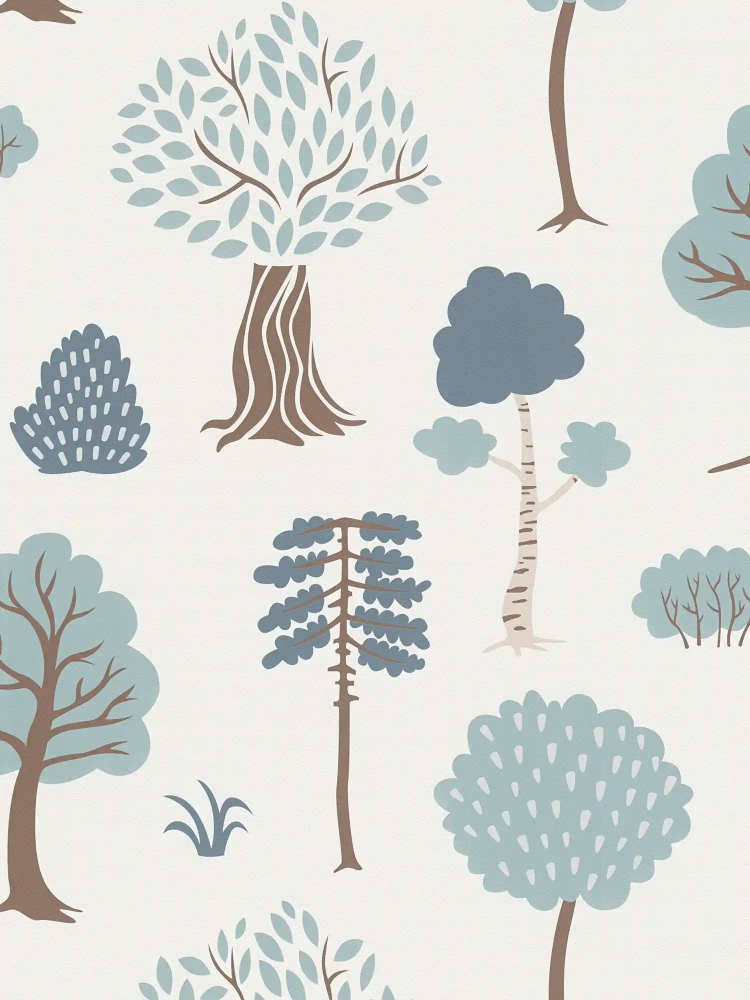 Non-woven wallpaper with minimalist forest motif with trees - cream, green, brown
