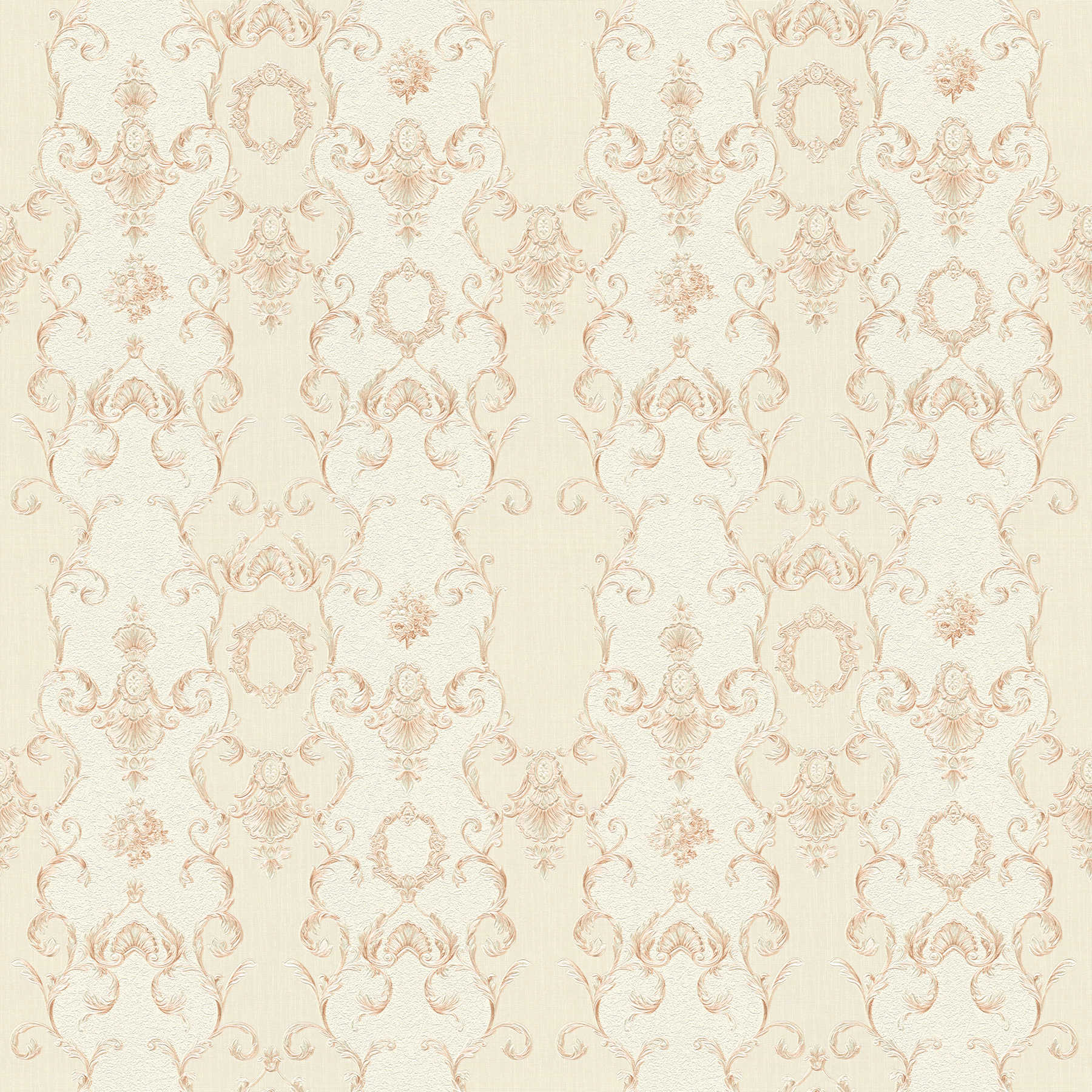Neo-baroque wallpaper filigree ornaments - beige, cream, metallic
