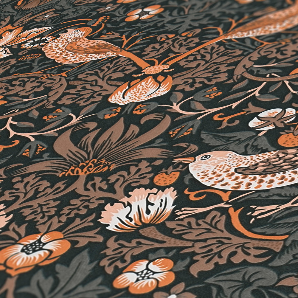             Floral wallpaper with birds in bright colours - orange, black, white
        