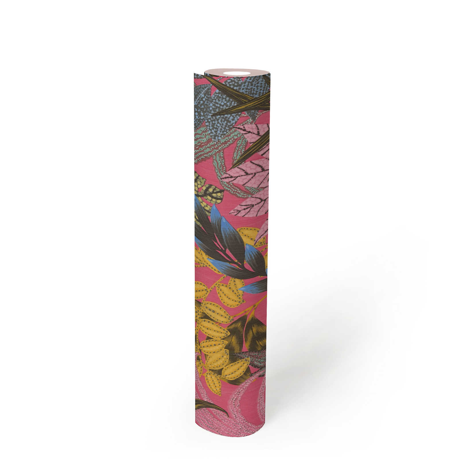             Colorful non-woven wallpaper with leaf motif & embossed structure - colourful, yellow, pink
        