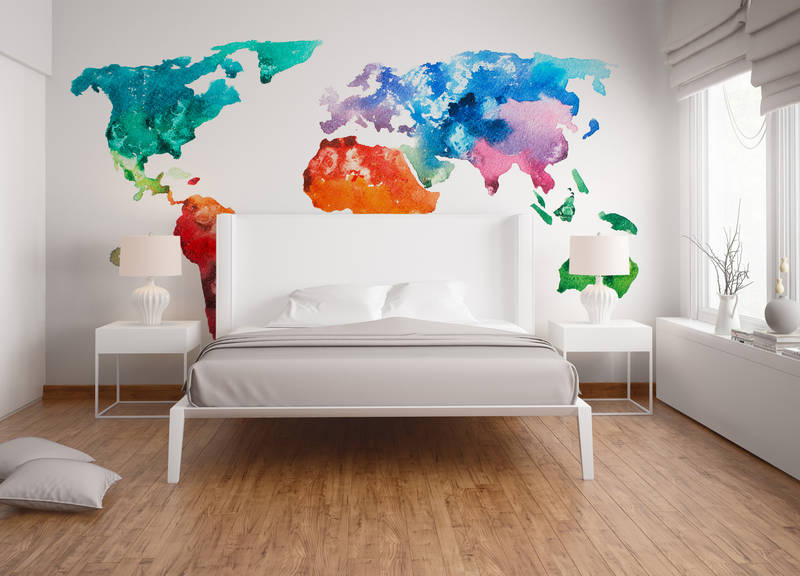             Wereldkaart aquarelbehang - kleurrijk, wit
        