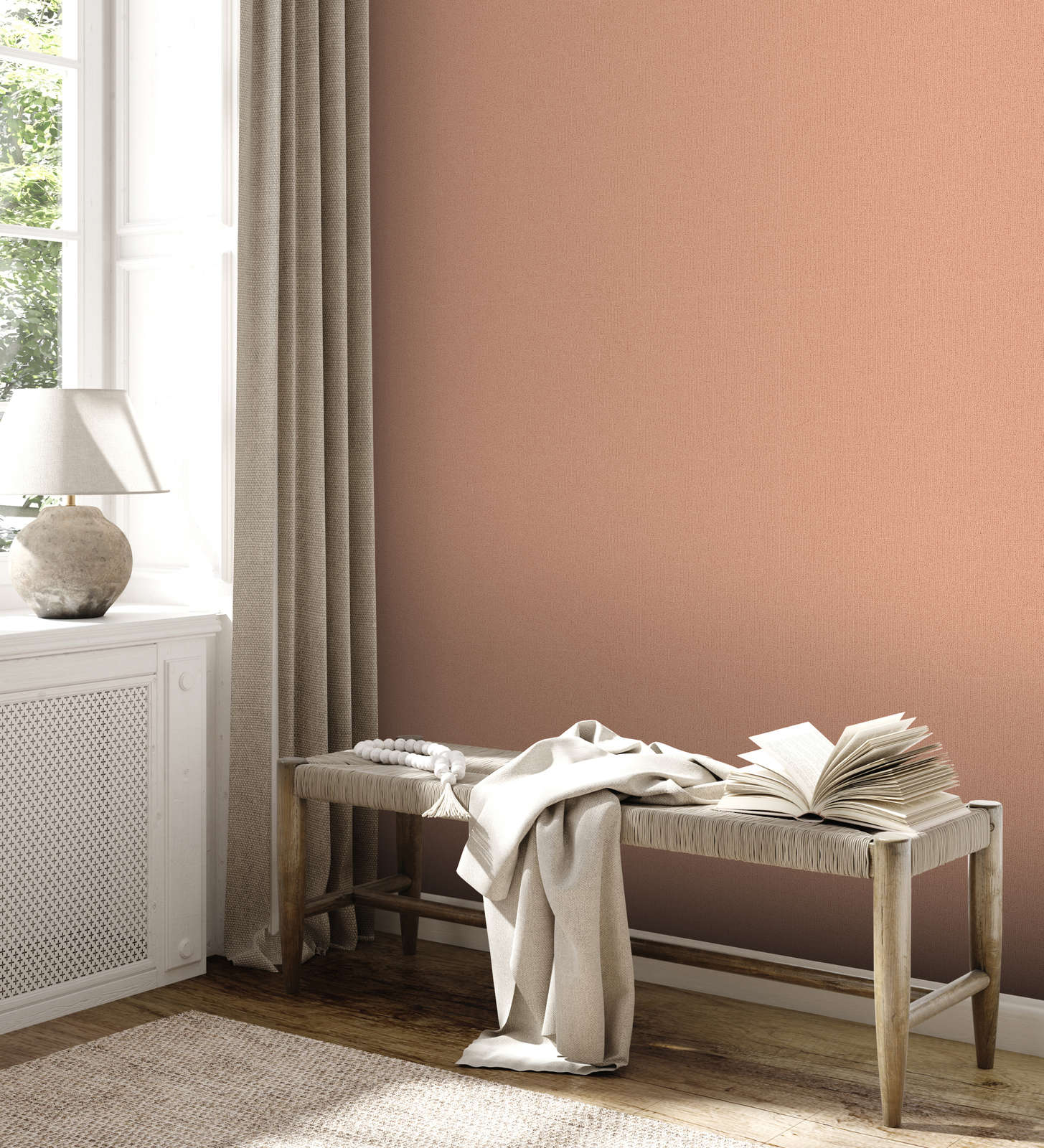             Non-woven wallpaper with linen structure in matt & mottled - orange
        