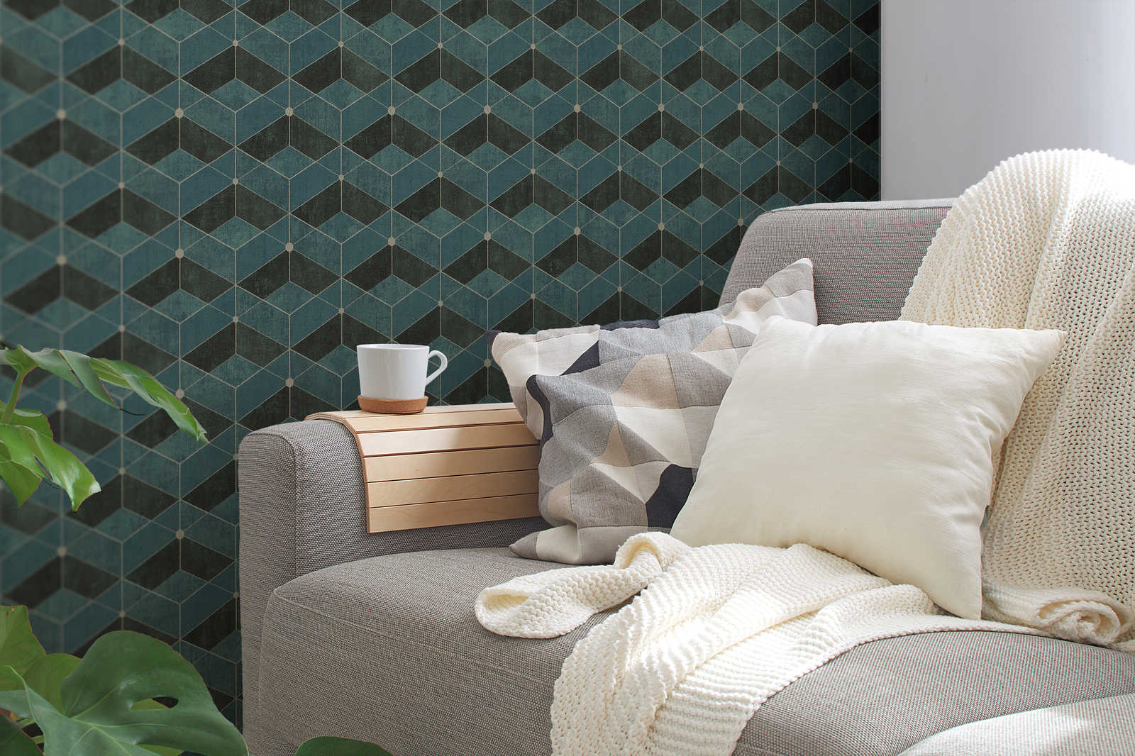             Petrol wallpaper with graphic pattern & metallic accent - blue, green, black
        