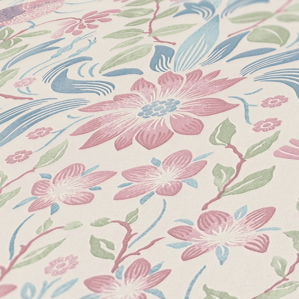             Papier peint à motifs floraux avec des oiseaux - crème, bleu, rose
        
