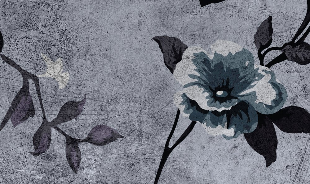             Wilde rozen 6 - Rozenbehang in retro look, grijs in krasstructuur - Blauw, Violet | Mat glad vlies
        