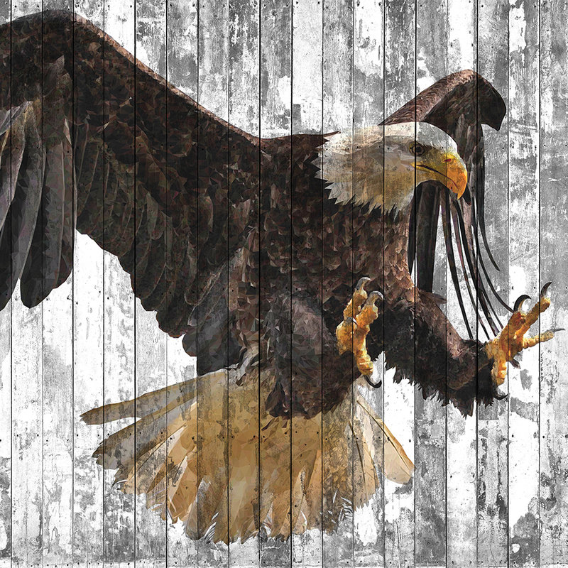         Eagle mural with wood look art style - orange, grey, brown
    